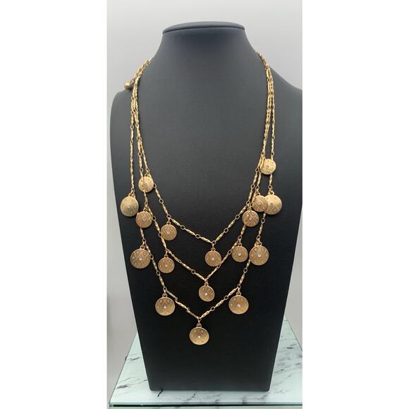 Chicos Gorgeous Matte Gold Tone Multi Layered Etched Disc W Rhinestones Necklace - Picture 1 of 5